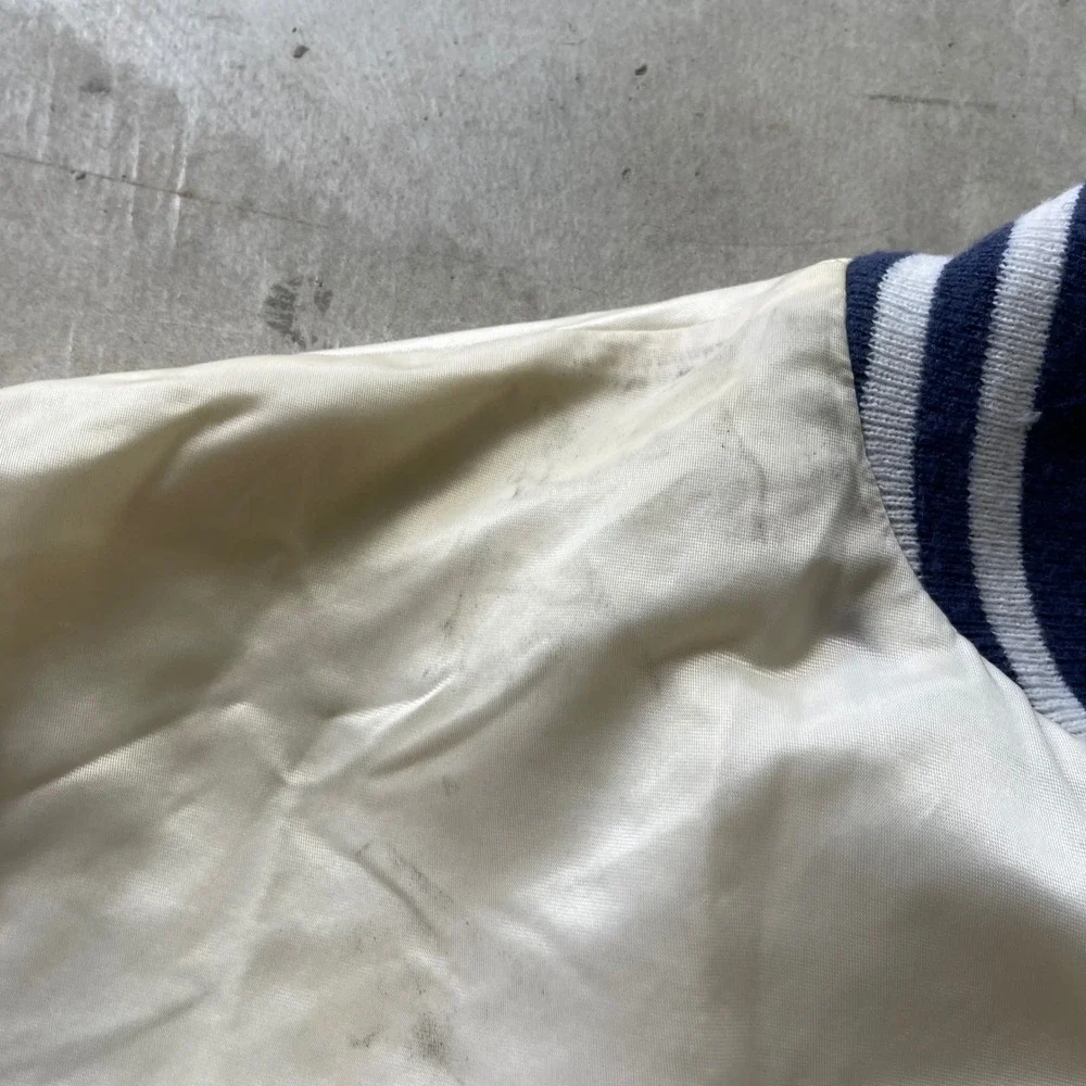 Vintage Hewitt Mfg Palisades Park Track Field Satin Varsity Jacket Cream Blue 86